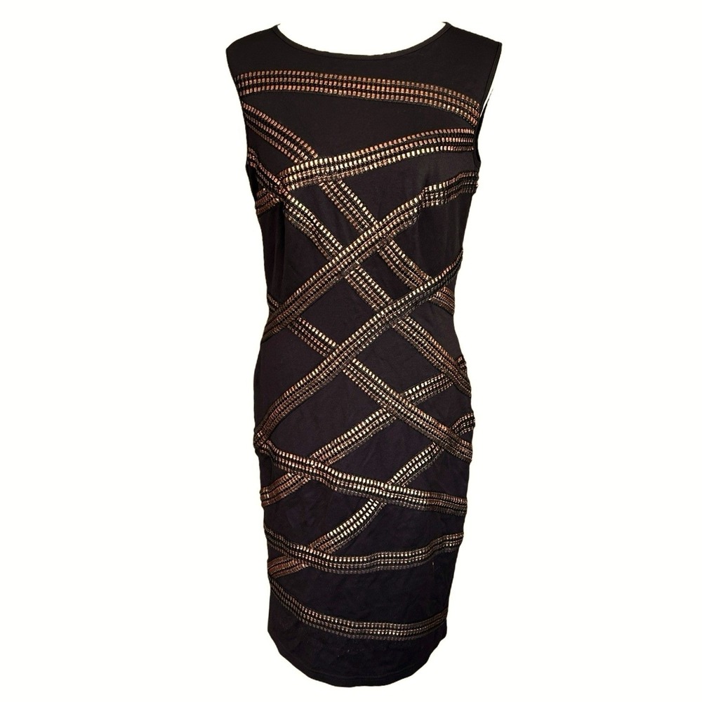 Tadashi Shoji Metallic Dress Medium Abstract Sheath Midi Going Out Party Black